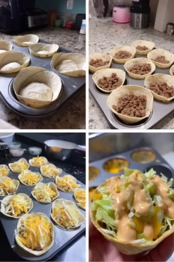 Crispy mini taco cups filled with seasoned ground beef, melted shredded cheese, fresh lettuce, and sweet corn, finished with a creamy drizzle of taco sauce.