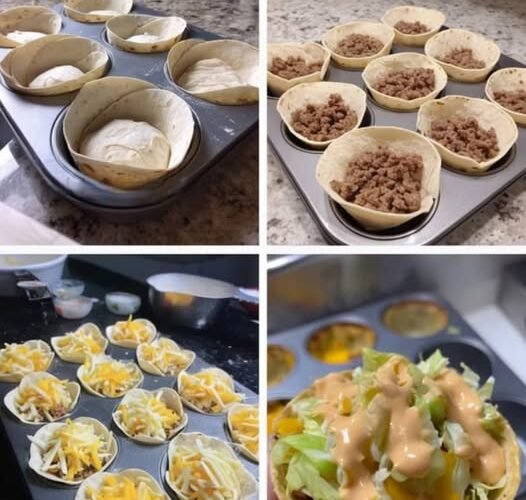 Crispy mini taco cups filled with seasoned ground beef, melted shredded cheese, fresh lettuce, and sweet corn, finished with a creamy drizzle of taco sauce.