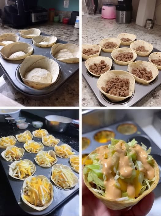 Crispy mini taco cups filled with seasoned ground beef, melted shredded cheese, fresh lettuce, and sweet corn, finished with a creamy drizzle of taco sauce.