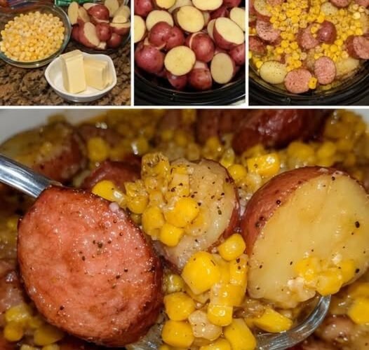 Tender red potatoes and smoky sausage simmered with sweet corn, butter, and ranch seasoning, creating a hearty, flavorful slow-cooker comfort meal.