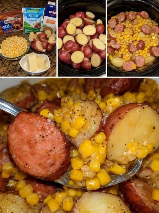 Tender red potatoes and smoky sausage simmered with sweet corn, butter, and ranch seasoning, creating a hearty, flavorful slow-cooker comfort meal.