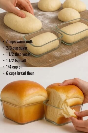 Soft, fluffy homemade bread rolls rising in glass baking dishes, with golden-brown baked rolls shown below and one being pulled apart to reveal a tender, airy interior.