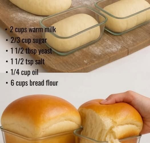 Soft, fluffy homemade bread rolls rising in glass baking dishes, with golden-brown baked rolls shown below and one being pulled apart to reveal a tender, airy interior.