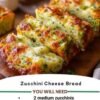 A golden, cheesy zucchini bread loaf with a crisp browned crust, tender zucchini-filled center, melted cheese throughout, and fresh herbs sprinkled on top.
