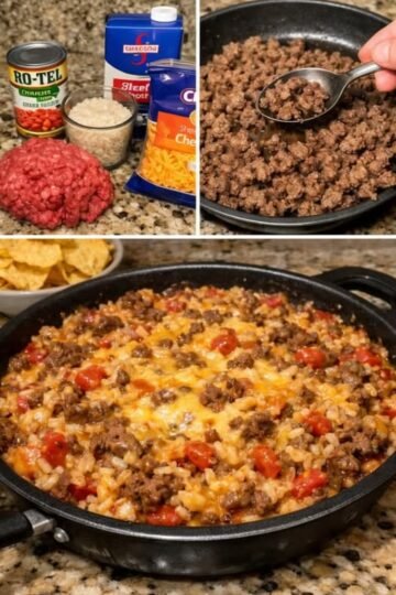 A hearty cheesy ground beef and rice skillet loaded with seasoned beef, tender rice, tomatoes, and green chiles, all topped with a generous layer of melted cheddar cheese.