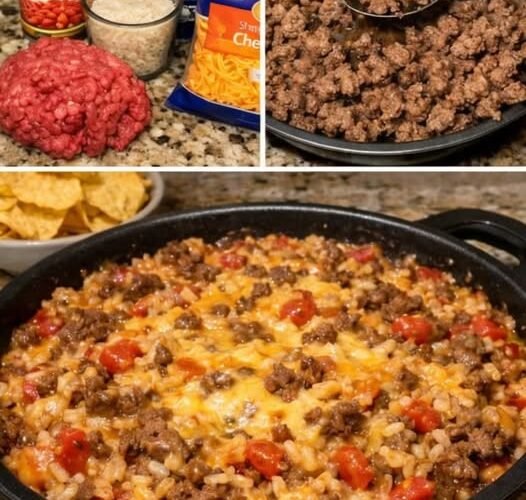 A hearty cheesy ground beef and rice skillet loaded with seasoned beef, tender rice, tomatoes, and green chiles, all topped with a generous layer of melted cheddar cheese.