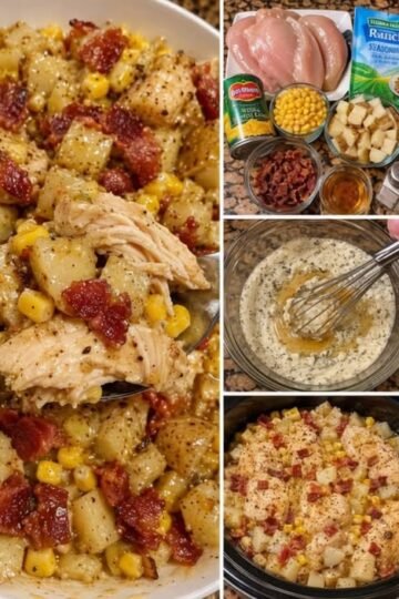 A creamy chicken and potato casserole loaded with tender chicken, golden potatoes, sweet corn, crispy bacon, and savory ranch seasoning, all baked together into a hearty comfort-food dish.