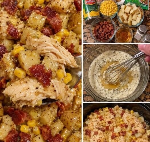 A creamy chicken and potato casserole loaded with tender chicken, golden potatoes, sweet corn, crispy bacon, and savory ranch seasoning, all baked together into a hearty comfort-food dish.