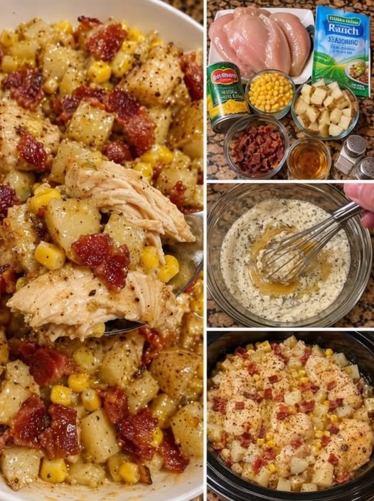 A creamy chicken and potato casserole loaded with tender chicken, golden potatoes, sweet corn, crispy bacon, and savory ranch seasoning, all baked together into a hearty comfort-food dish.