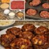 Golden-brown cheddar-stuffed meatloaf muffins made with seasoned ground beef and a juicy, melted cheese center, arranged on a serving plate.