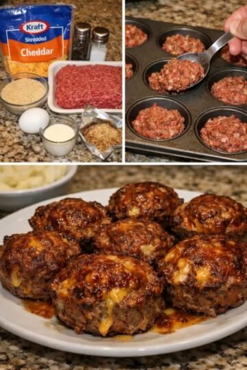 Golden-brown cheddar-stuffed meatloaf muffins made with seasoned ground beef and a juicy, melted cheese center, arranged on a serving plate.