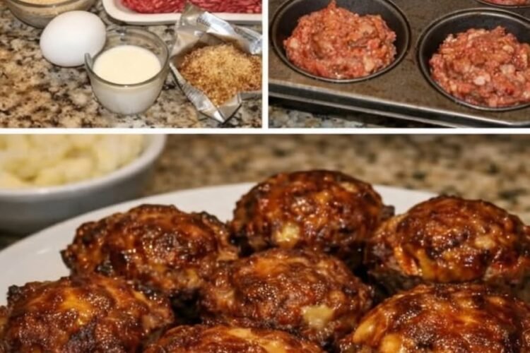Golden-brown cheddar-stuffed meatloaf muffins made with seasoned ground beef and a juicy, melted cheese center, arranged on a serving plate.