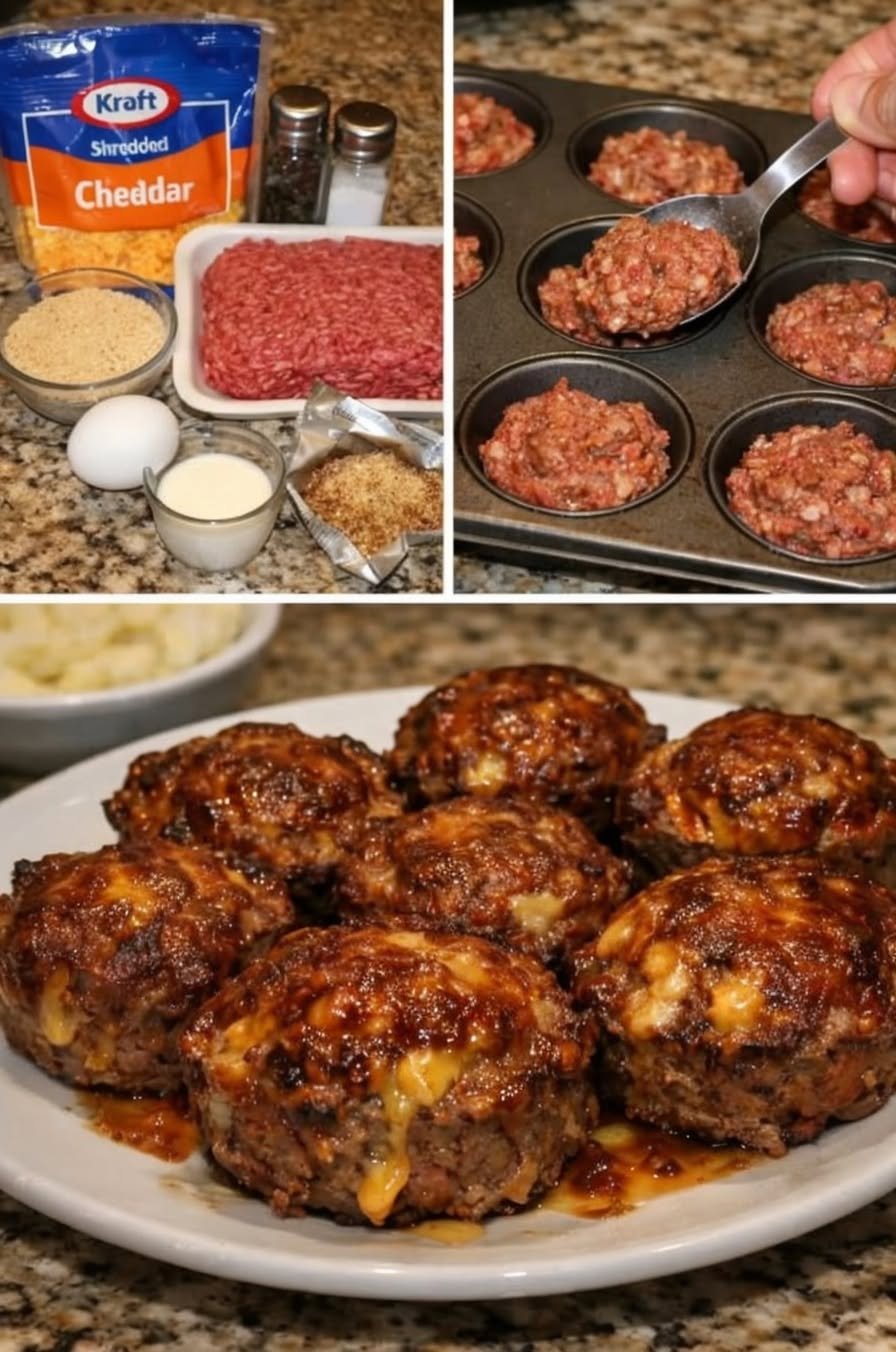 Golden-brown cheddar-stuffed meatloaf muffins made with seasoned ground beef and a juicy, melted cheese center, arranged on a serving plate.