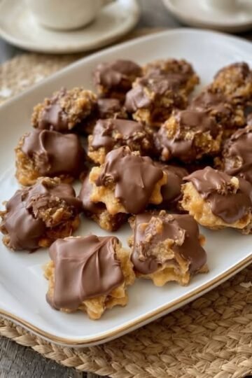 A plate of golden, chewy pecan cookies topped with rich melted chocolate, featuring crunchy chopped pecans and a soft, buttery center.