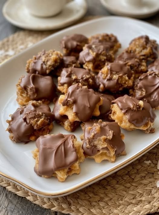 A plate of golden, chewy pecan cookies topped with rich melted chocolate, featuring crunchy chopped pecans and a soft, buttery center.