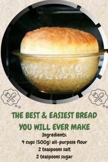 A beautifully risen homemade loaf of bread with a golden-brown crust and soft, fluffy interior, baked in a decorative glass bowl.