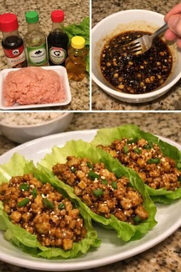 Tender seasoned ground chicken served in crisp lettuce cups, coated in a savory Asian-inspired sauce and garnished with green onions and sesame seeds.