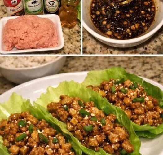 Tender seasoned ground chicken served in crisp lettuce cups, coated in a savory Asian-inspired sauce and garnished with green onions and sesame seeds.