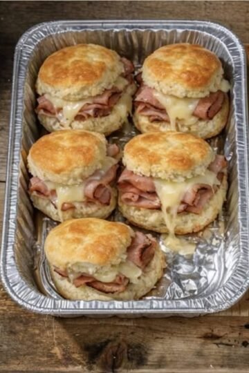 Golden, buttery biscuit sandwiches stuffed with deli ham and gooey melted Swiss — baked all together in one pan