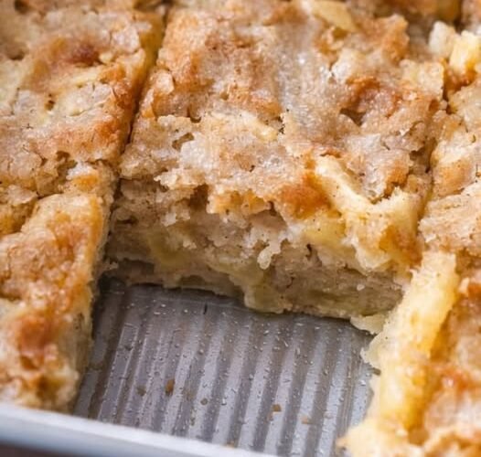 Golden-brown crumb cake bars with a buttery, tender center and a crisp, lightly caramelized topping, baked in a rectangular pan and cut into squares.
