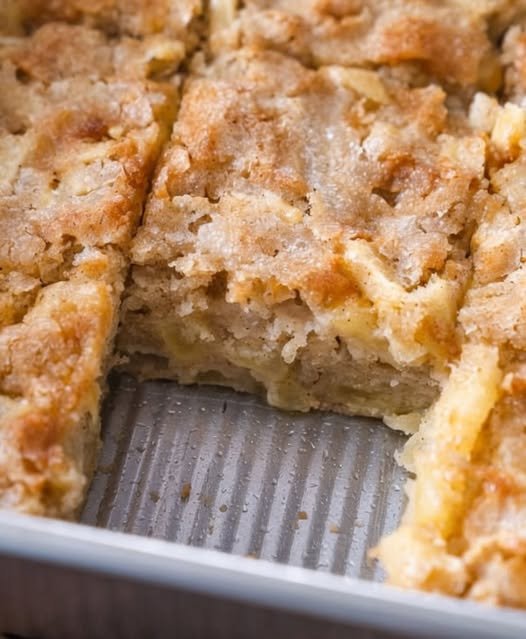 Golden-brown crumb cake bars with a buttery, tender center and a crisp, lightly caramelized topping, baked in a rectangular pan and cut into squares.