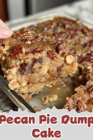 A gooey pecan pie dump cake with a buttery golden crust, rich caramel-like filling, and plenty of crunchy pecans, shown in a glass baking dish with a slice being lifted out.