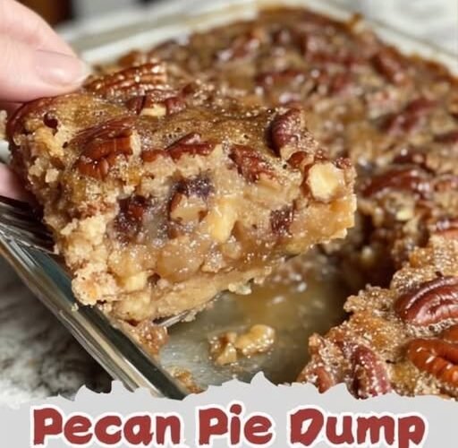 A gooey pecan pie dump cake with a buttery golden crust, rich caramel-like filling, and plenty of crunchy pecans, shown in a glass baking dish with a slice being lifted out.