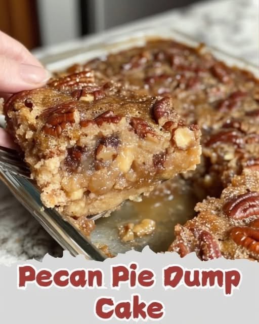 A gooey pecan pie dump cake with a buttery golden crust, rich caramel-like filling, and plenty of crunchy pecans, shown in a glass baking dish with a slice being lifted out.