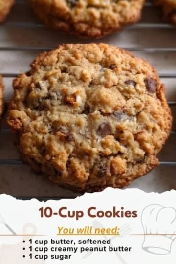 A stack of chunky, golden-brown 10-cup cookies packed with chocolate chips and crunchy pieces, featuring crisp edges and soft, chewy centers.