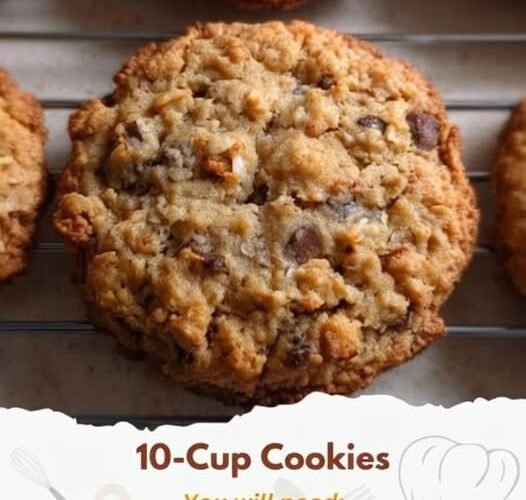 A stack of chunky, golden-brown 10-cup cookies packed with chocolate chips and crunchy pieces, featuring crisp edges and soft, chewy centers.