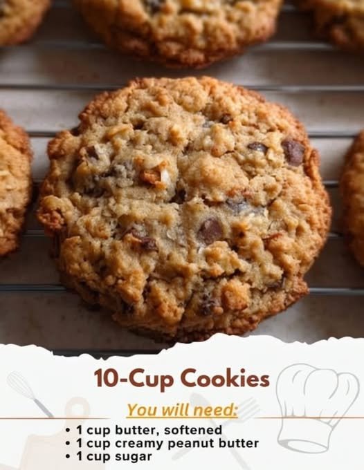 A stack of chunky, golden-brown 10-cup cookies packed with chocolate chips and crunchy pieces, featuring crisp edges and soft, chewy centers.