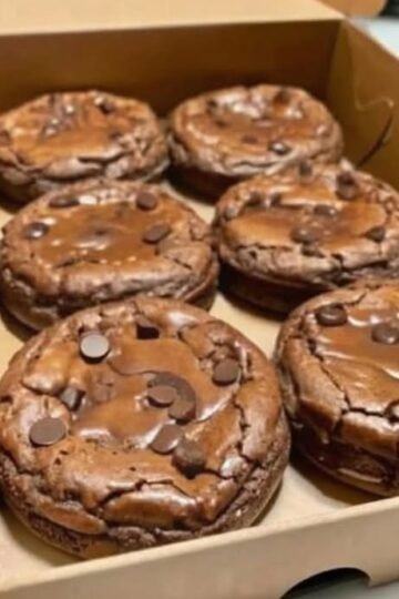 A box of thick, fudgy chocolate brownie cookies topped with plenty of semi-sweet chocolate chips, featuring crackly tops and rich, gooey centers