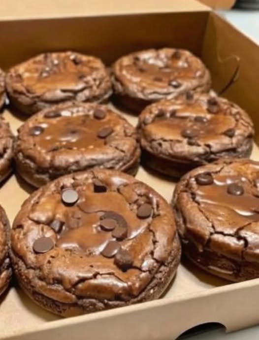 A box of thick, fudgy chocolate brownie cookies topped with plenty of semi-sweet chocolate chips, featuring crackly tops and rich, gooey centers