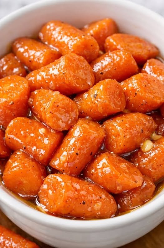 A bowl of tender baby carrots coated in a glossy, buttery-sweet glaze, seasoned with black pepper and caramelized until beautifully shiny.
