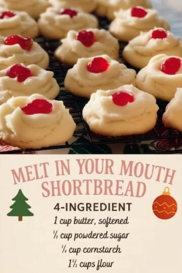 A batch of soft, buttery melt-in-your-mouth shortbread cookies, piped into delicate swirls and topped with bright red candied cherries for a festive finish