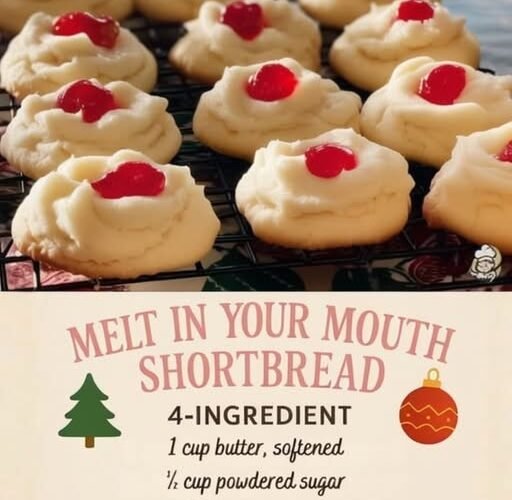 A batch of soft, buttery melt-in-your-mouth shortbread cookies, piped into delicate swirls and topped with bright red candied cherries for a festive finish