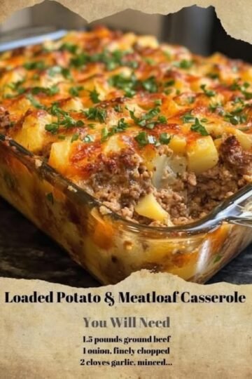 A hearty loaded potato and meatloaf casserole layered with seasoned ground beef, tender potatoes, melted cheddar cheese, and fresh parsley, baked until golden and bubbling.