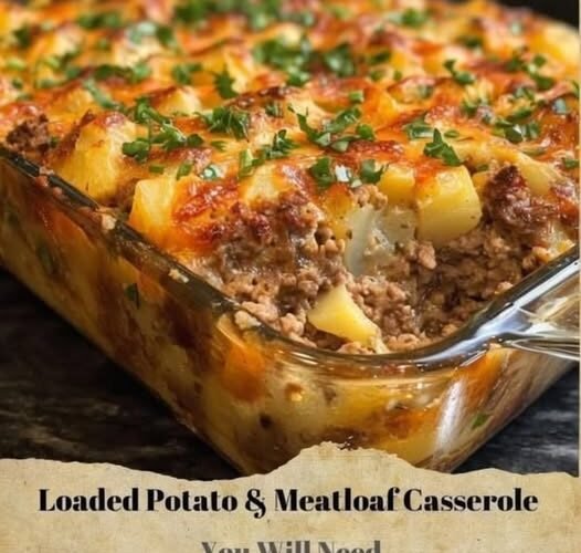 A hearty loaded potato and meatloaf casserole layered with seasoned ground beef, tender potatoes, melted cheddar cheese, and fresh parsley, baked until golden and bubbling.