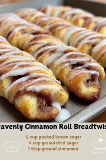 Golden-brown cinnamon roll bread twists arranged on a baking sheet, filled with cinnamon-sugar swirls and finished with a generous drizzle of white vanilla glaze.