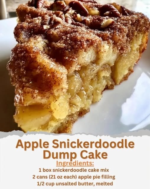A warm slice of apple snickerdoodle dump cake with tender apple filling, a buttery cinnamon-sugar topping, and crunchy pecans, baked until golden and caramelized
