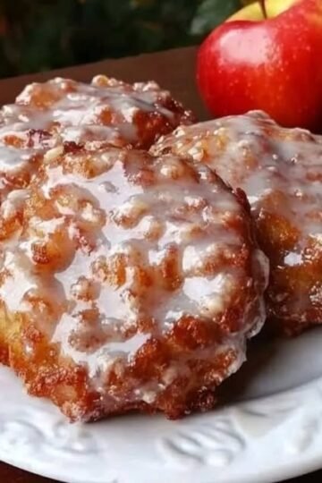 A plate of golden-brown apple fritters coated in a glossy sweet glaze, with tender apple pieces throughout and fresh red apples in the background.