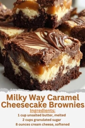 A decadent slice of Milky Way caramel cheesecake brownies with a fudgy chocolate brownie base, creamy cheesecake layer, gooey caramel, and rich chocolate topping drizzled across the surface.