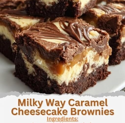 A decadent slice of Milky Way caramel cheesecake brownies with a fudgy chocolate brownie base, creamy cheesecake layer, gooey caramel, and rich chocolate topping drizzled across the surface.