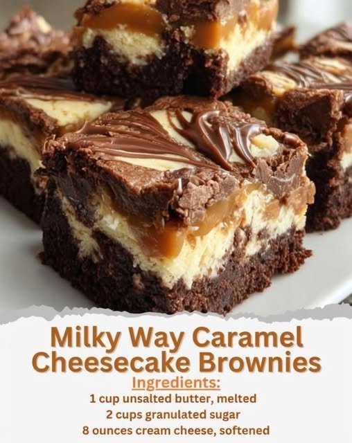 A decadent slice of Milky Way caramel cheesecake brownies with a fudgy chocolate brownie base, creamy cheesecake layer, gooey caramel, and rich chocolate topping drizzled across the surface.