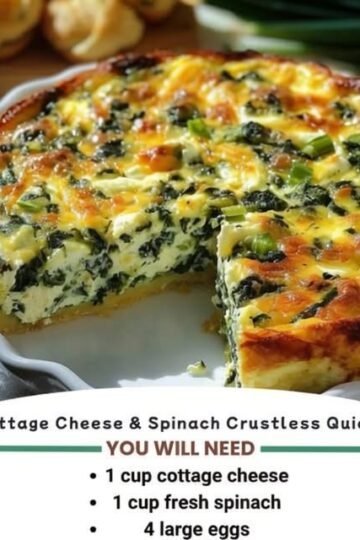 A golden-brown cottage cheese and spinach crustless quiche, packed with tender spinach and melted cheese, with a creamy, fluffy center and lightly crisped edges.