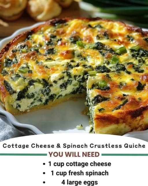 A golden-brown cottage cheese and spinach crustless quiche, packed with tender spinach and melted cheese, with a creamy, fluffy center and lightly crisped edges.