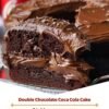 A rich double chocolate Coca-Cola cake with a moist, fudgy chocolate crumb, covered in glossy chocolate frosting and topped with delicate chocolate shavings.