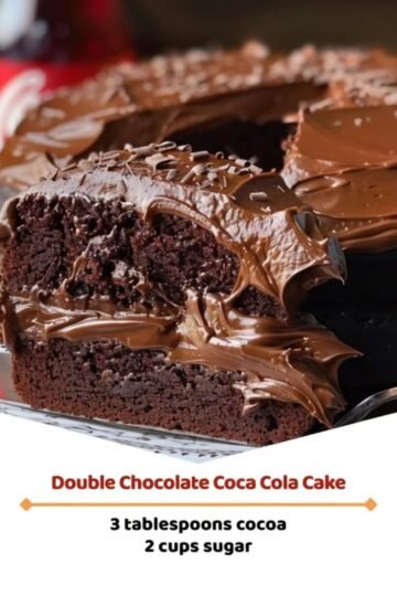 A rich double chocolate Coca-Cola cake with a moist, fudgy chocolate crumb, covered in glossy chocolate frosting and topped with delicate chocolate shavings.