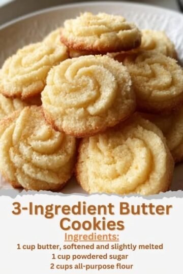 A plate of golden-brown 3-ingredient butter cookies with delicate piped swirls, crisp edges, and a soft, buttery crumb, made with butter, powdered sugar, and all-purpose flour.