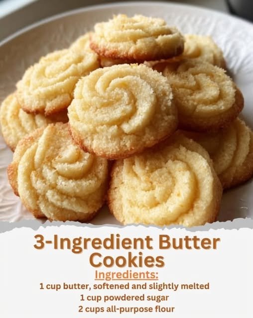 A plate of golden-brown 3-ingredient butter cookies with delicate piped swirls, crisp edges, and a soft, buttery crumb, made with butter, powdered sugar, and all-purpose flour.